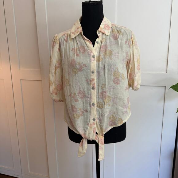 Free People Celia Printed Hem Blouse Collared Button Down Tie Front Top - Picture 7 of 8